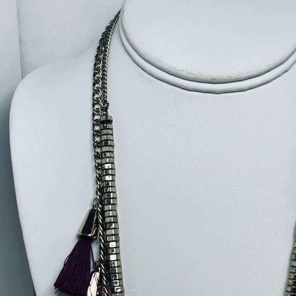 Double Strand Gold Tone Curb Chain Statement Necklace With Purple Tassels (5452) - Picture 6 of 8